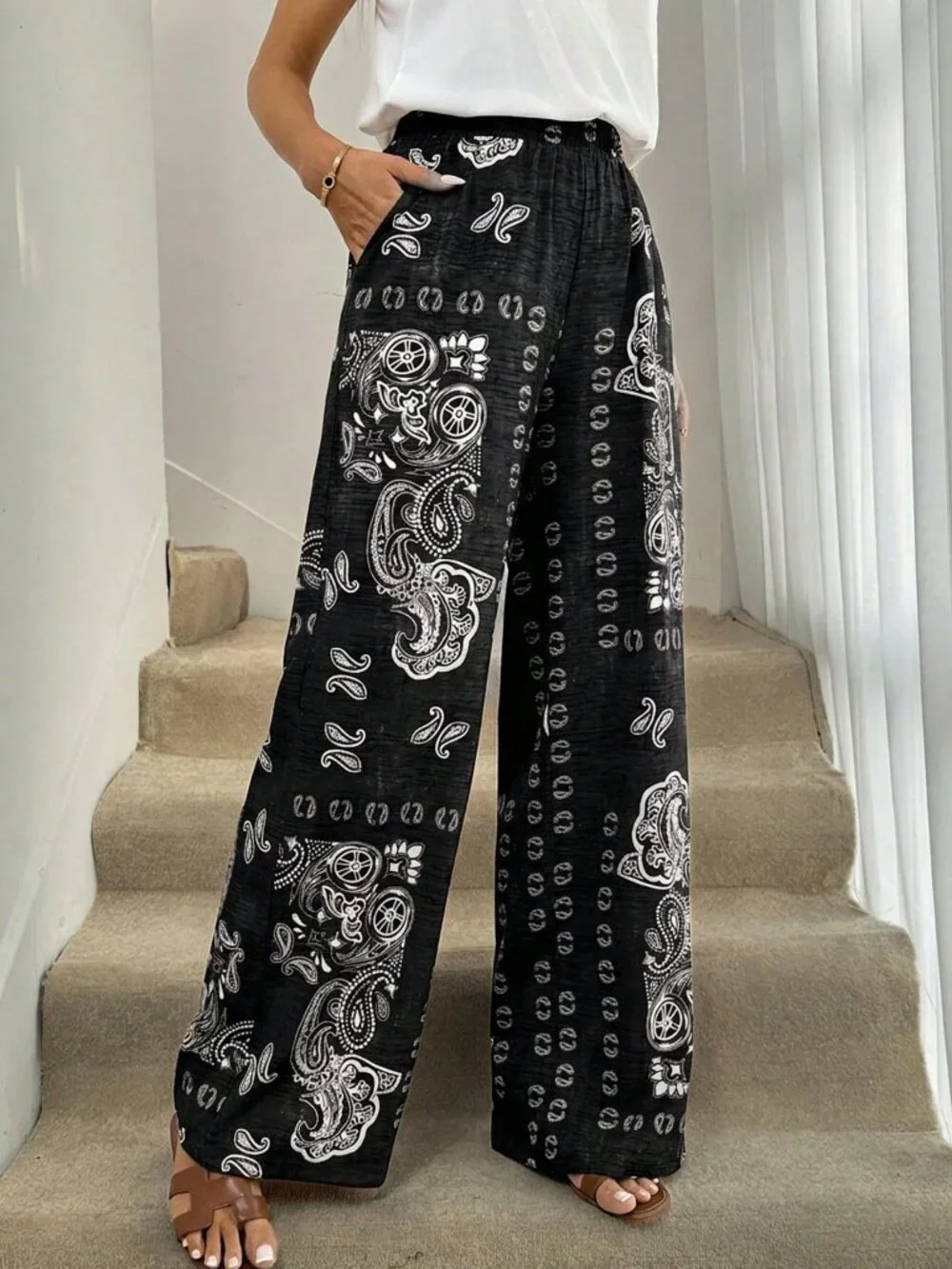 Black and White Casual Women's Extra Long Printed Maxi Trousers - Picture 5 of 7